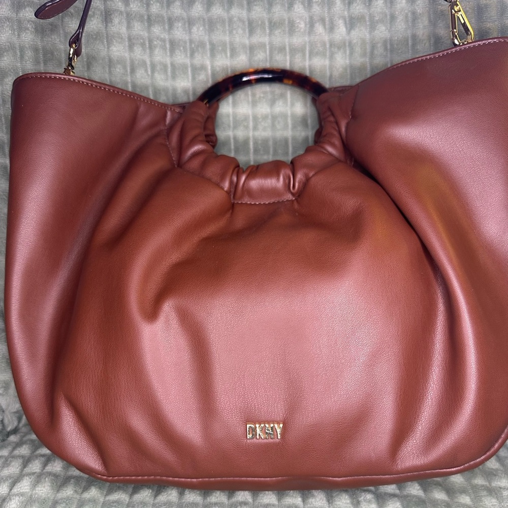 DKNY Brown Vegan Leather Hobo Slouchy Tortoise Handle Bag Long Crossbody Strap